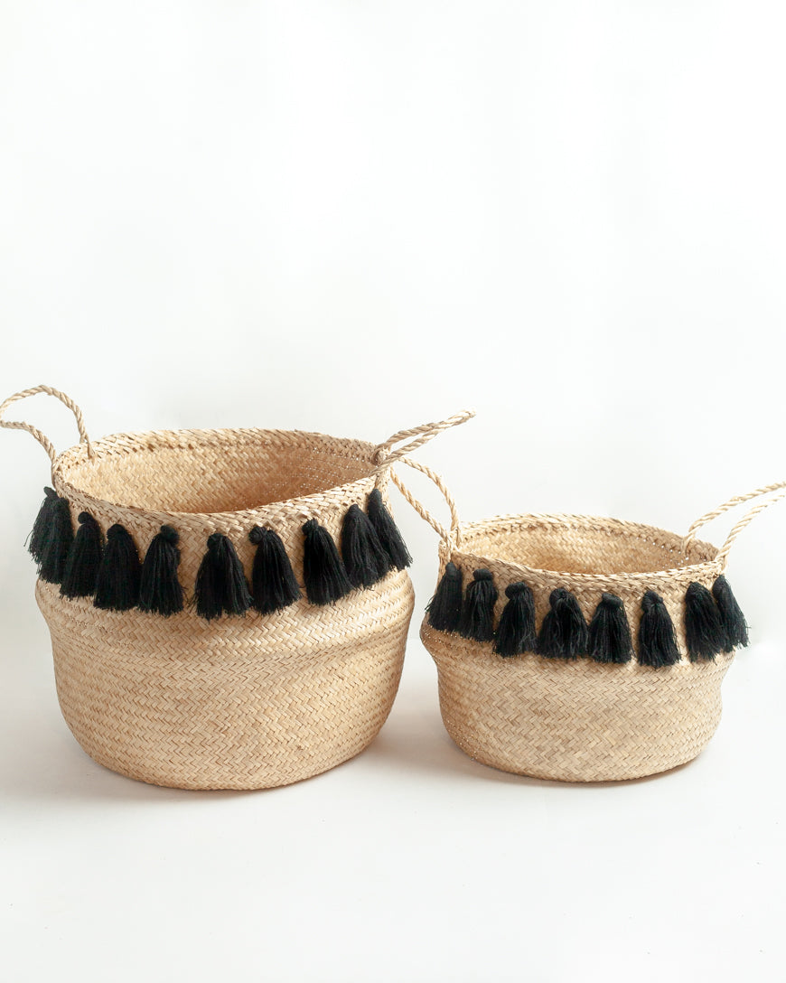 Handwoven Seagrass Black Tasseled Belly Baskets