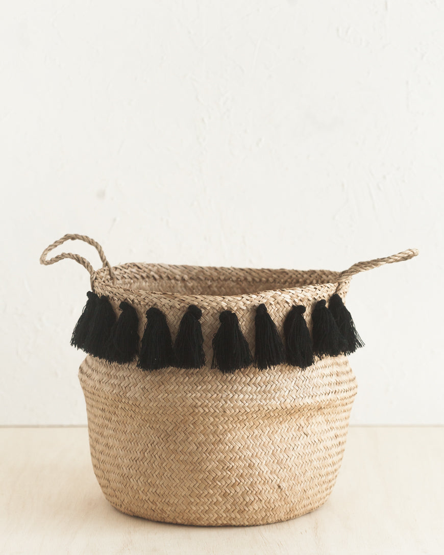 Handwoven Seagrass Black Tasseled Belly Baskets