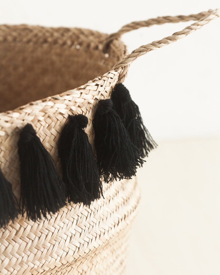 Handwoven Seagrass Black Tasseled Belly Baskets
