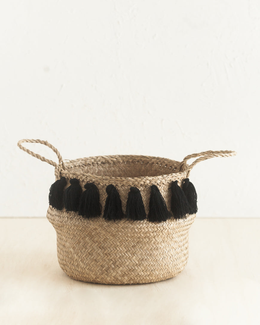 Handwoven Seagrass Black Tasseled Belly Baskets