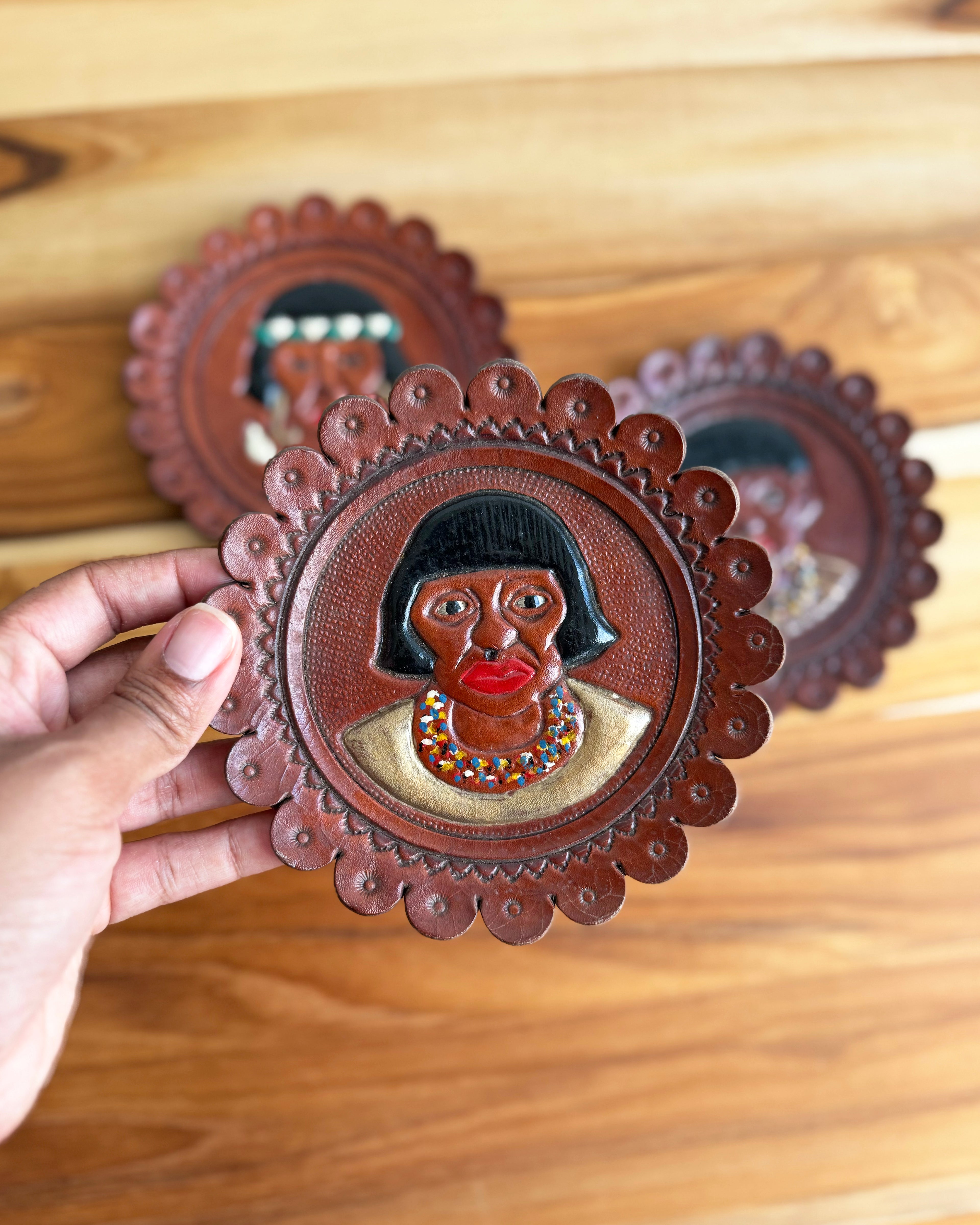 Vintage Leather Decorative Plate Plaque Set