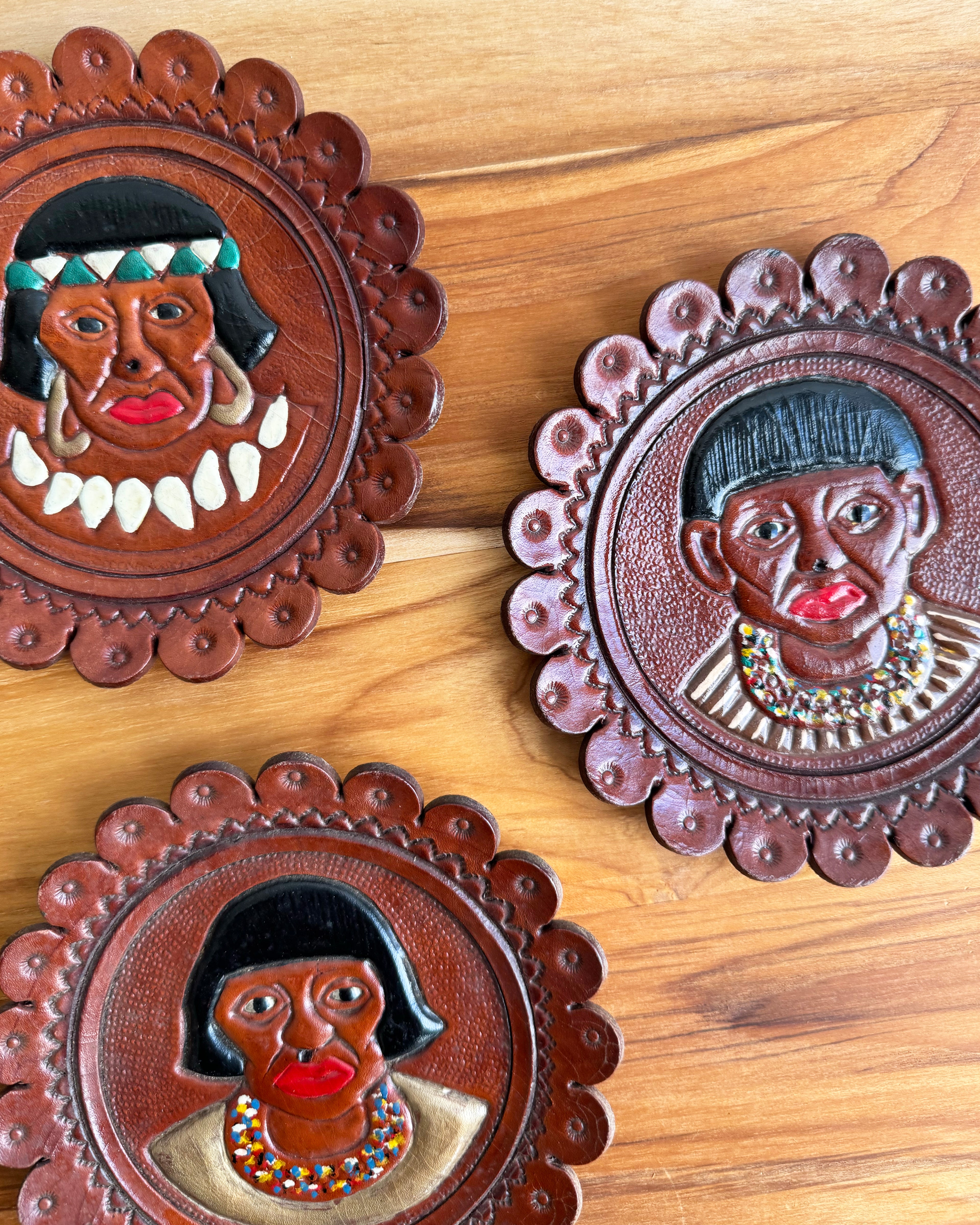 Vintage Leather Decorative Plate Plaque Set