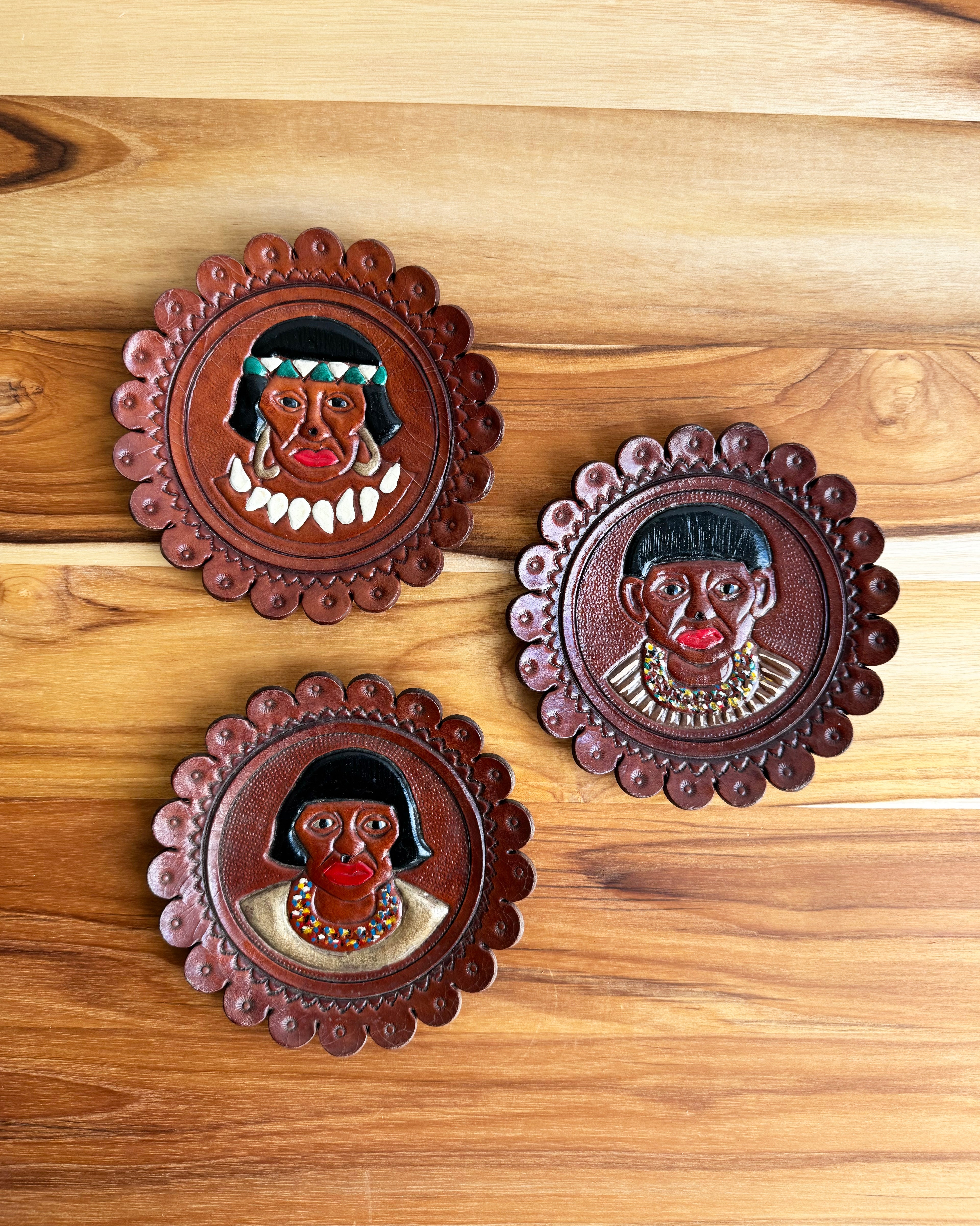 Vintage Leather Decorative Plate Plaque Set