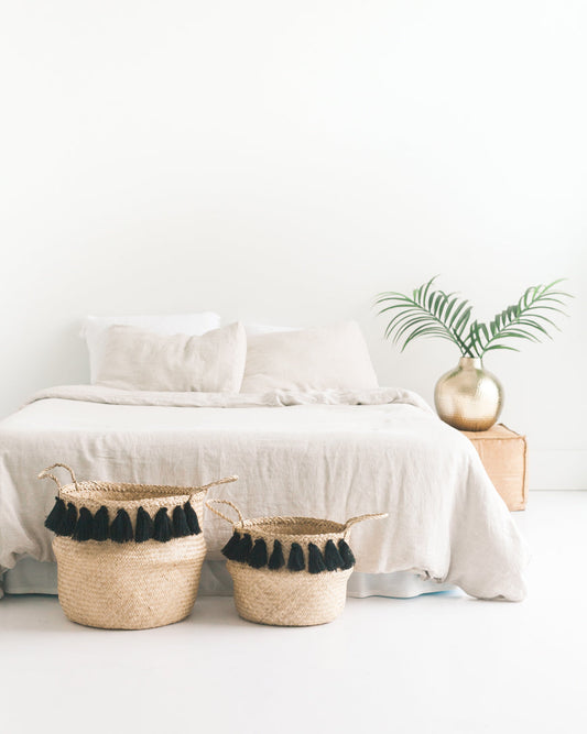 Handwoven Seagrass Black Tasseled Belly Baskets
