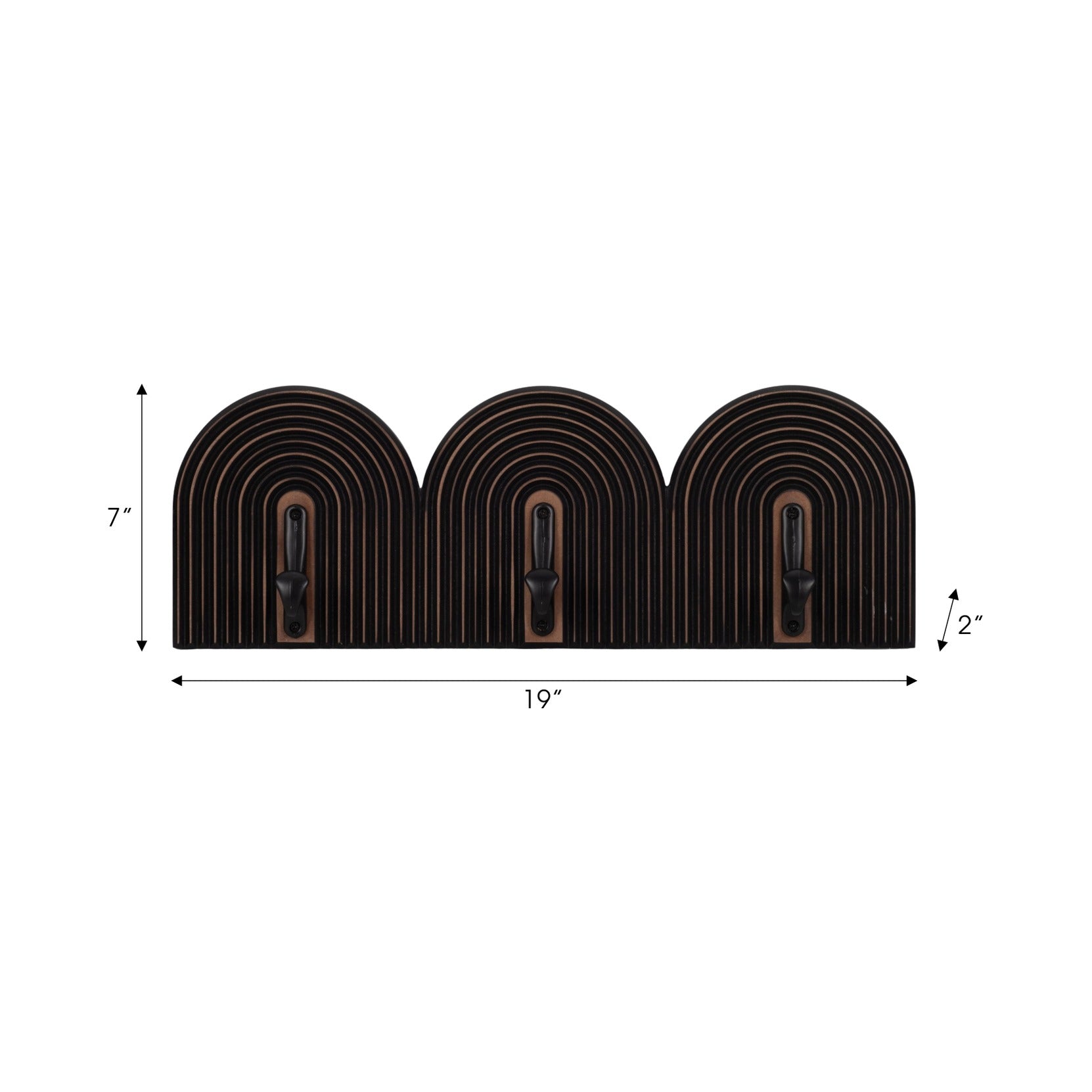 Three dark brown and black arch wall hooks on a white background and dimensions