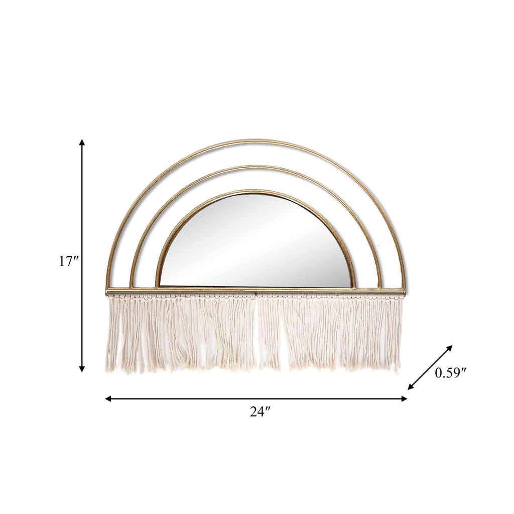 Decorative wall mirror with gold frame and fringe, shown with measurements on a white background.
