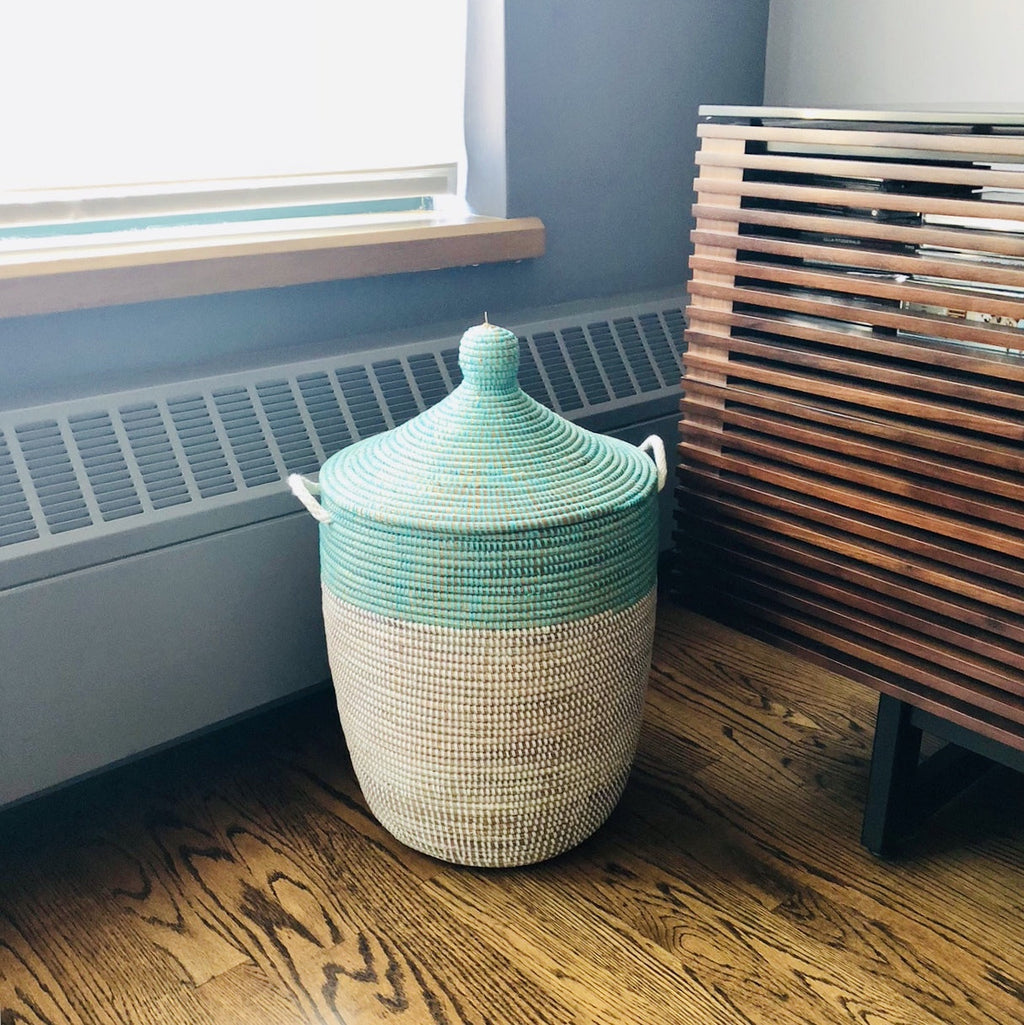 Medium Woven Storage Basket – Turquoise Colorblock