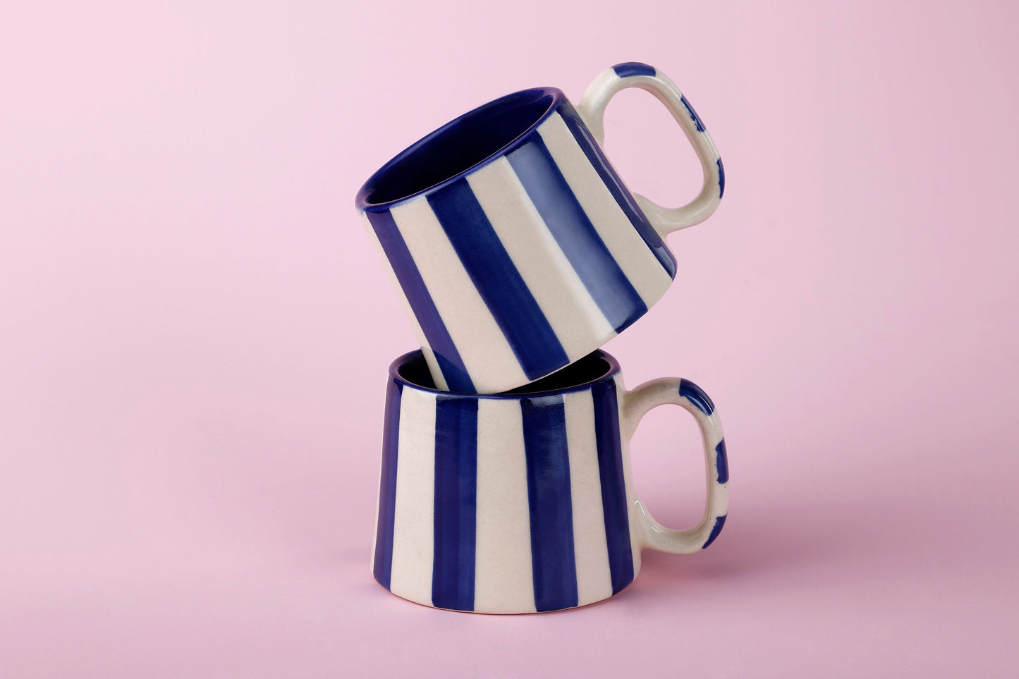 Ceramic Dark Blue Stripe Coffee Mug - Set of 2