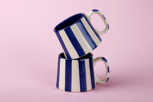 Ceramic Dark Blue Stripe Coffee Mug - Set of 2